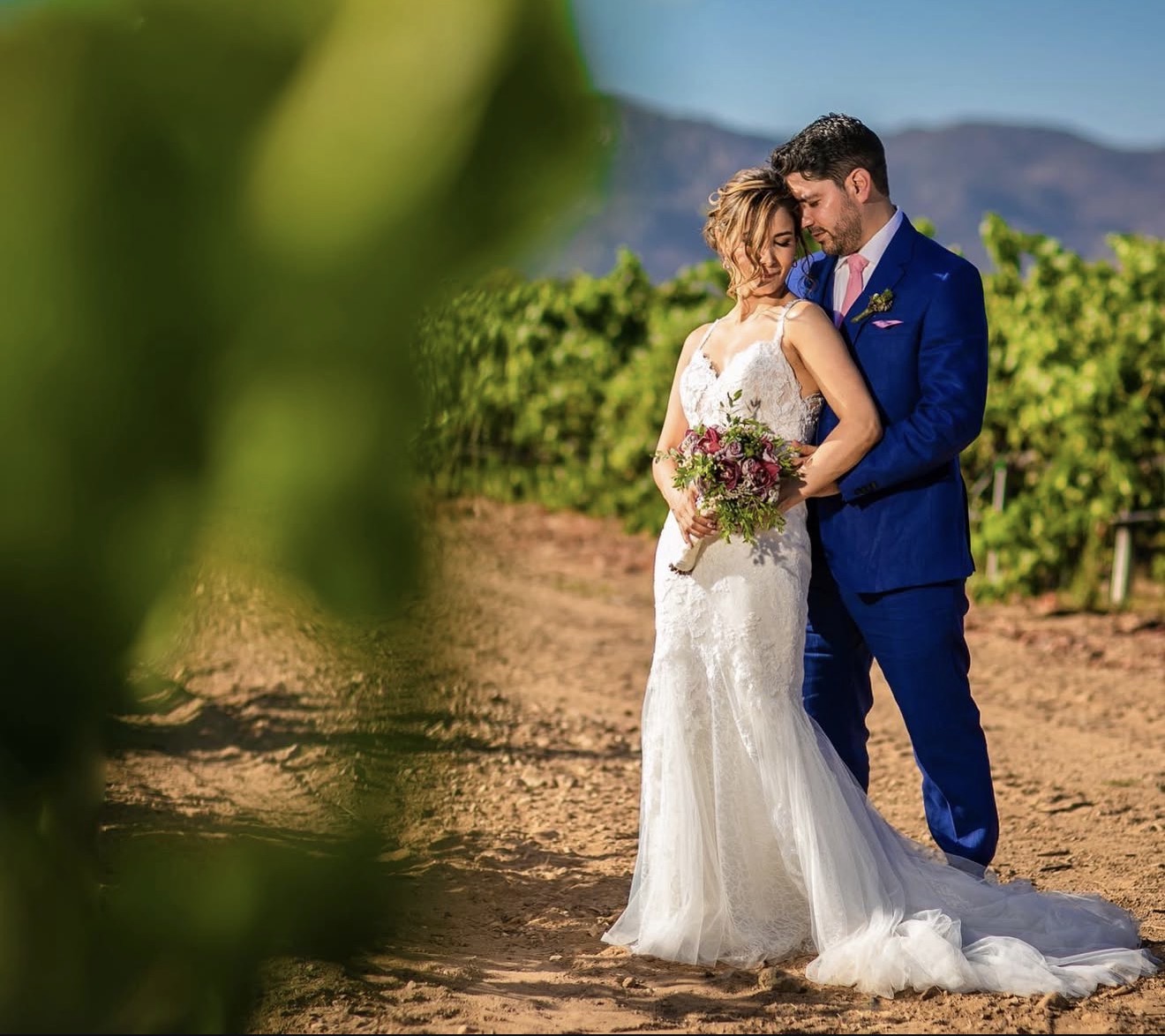 Novios en un viñedo con montañas al fondo, boda destino