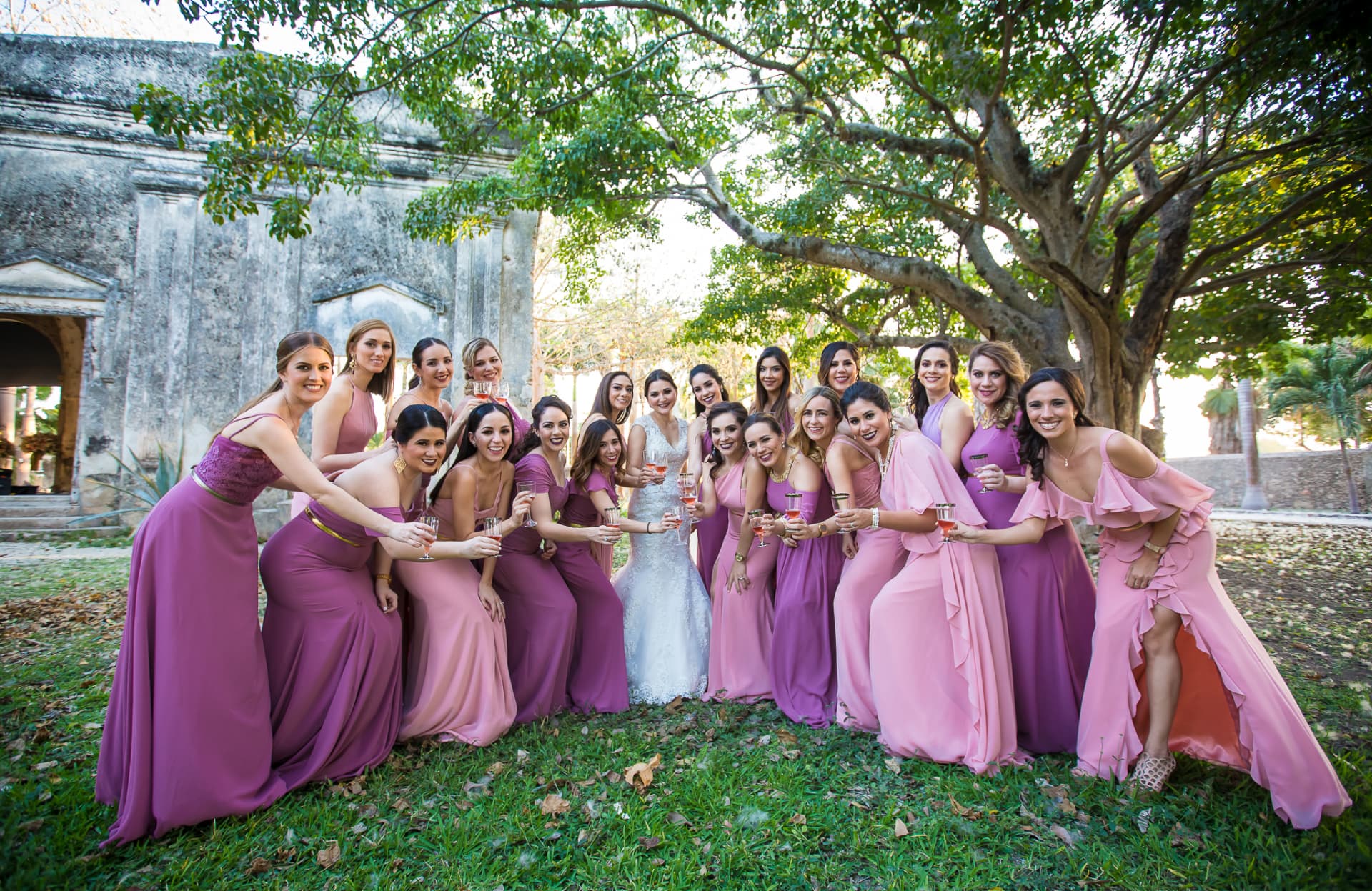 Novia brindando con sus damas de honor vestidas de rosa en un jardín
